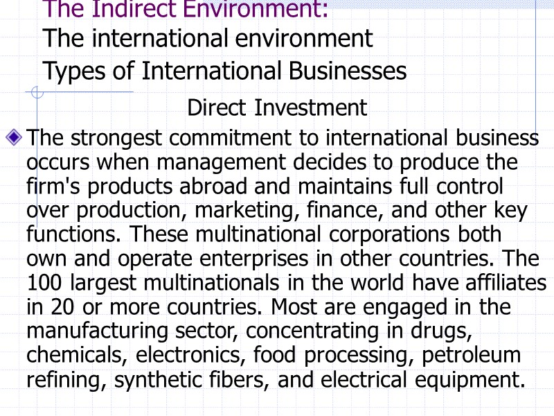 The Indirect Environment: The international environment Types of International Businesses    Direct